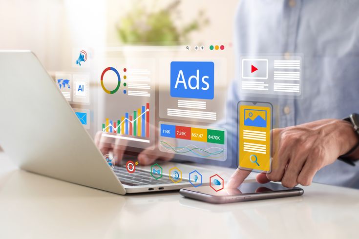 digital marketing concept, businessman using laptop with ads dashboard digital marketing strategy analysis for branding. online advertisement, ad on website and social media. seo. smm.