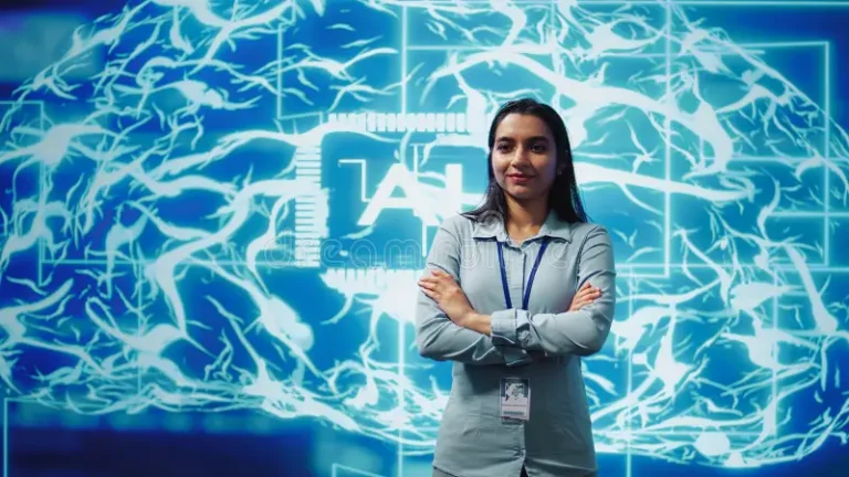 portrait upbeat employee working ai machine learning algorithms jolly engineer using artificial intelligence computing 348027100