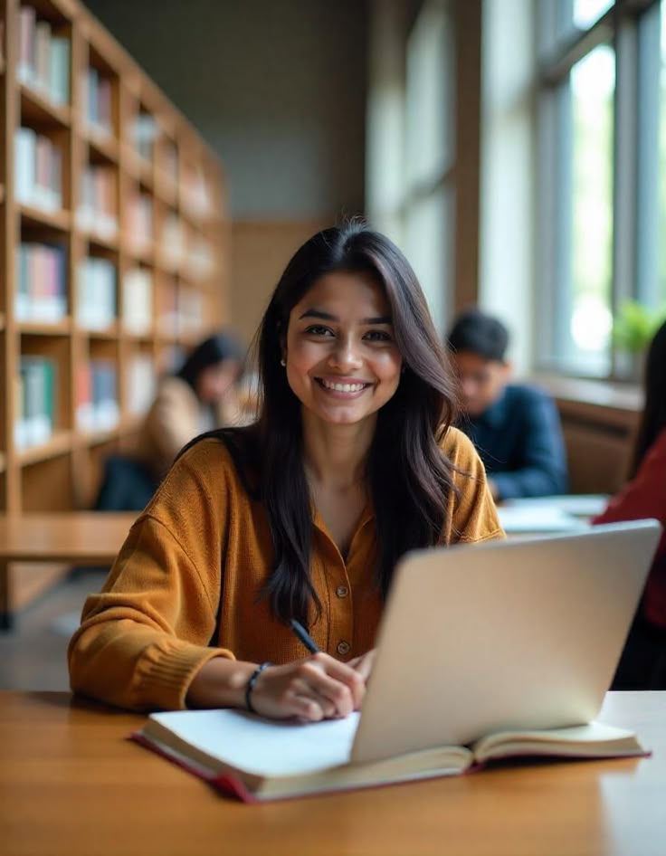smiling student women working on laptop and read book in university library indoors